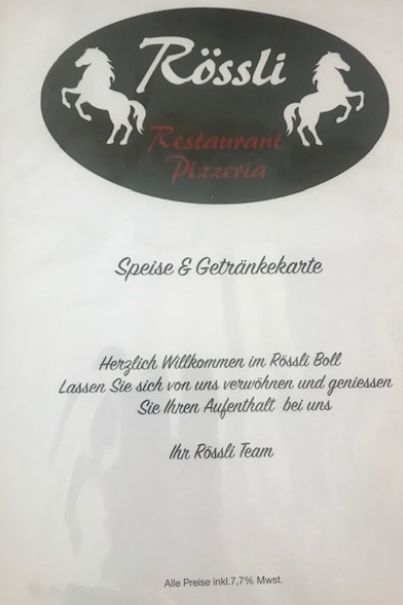 Speisekarte von Restaurant Pizzeria Rössli