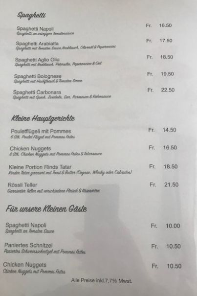 Speisekarte von Restaurant Pizzeria Rössli