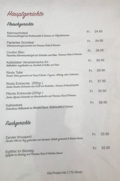 Speisekarte von Restaurant Pizzeria Rössli